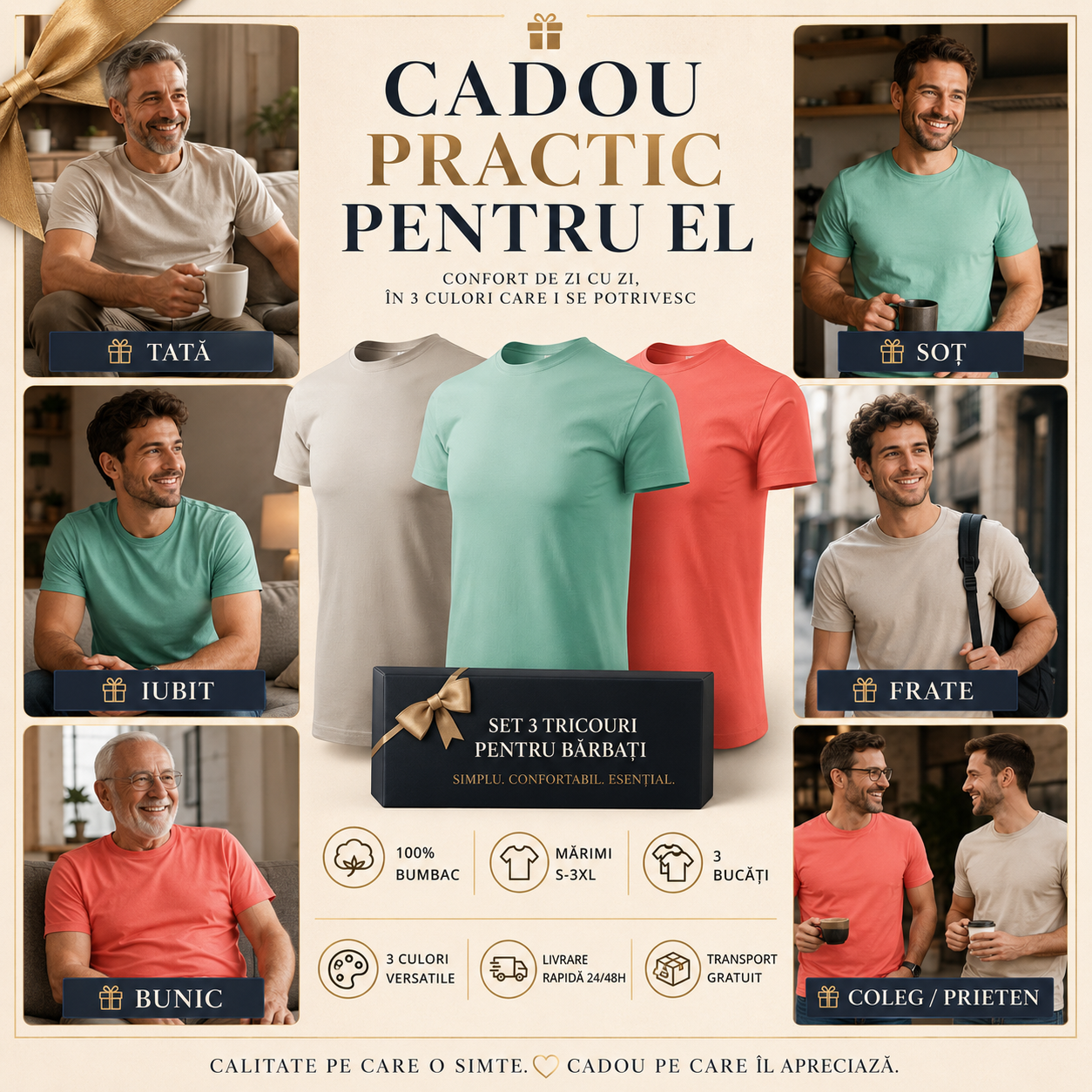 Set tricouri basic bărbați gri ice verde mentă coral pentru garderobă casual